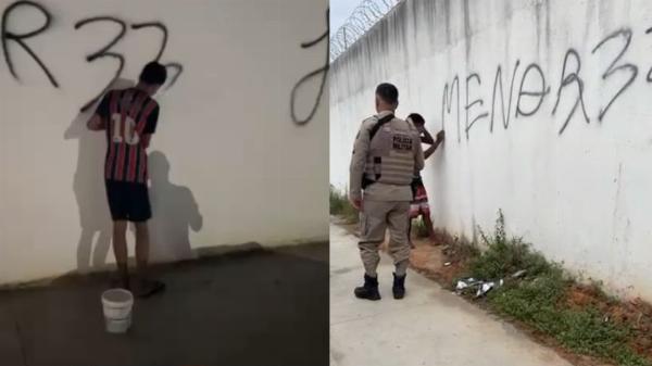 Jovens limpam muro pichado após serem detidos em Serrinha